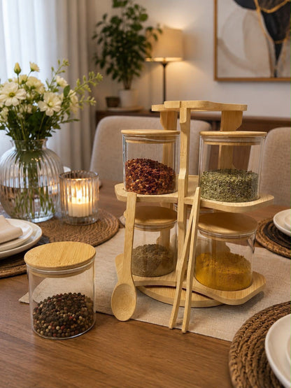 6 pcs Bamboo spice rack set with a rotating stand