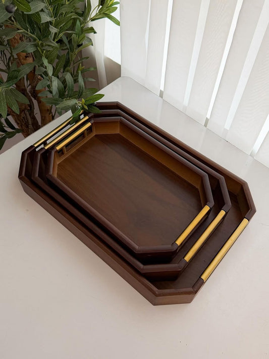 Modern Rectangular 3in1 Bamboo decorative serving tray with Customised Metallic Handles.