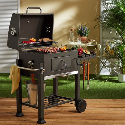 Outdoor Garden Barbecue Portable Grill Outdoor Large Charcoal Trolley Rectangular BBQ Grill