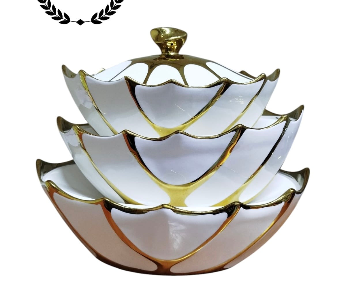 Ceramic serving bowl with gold rim