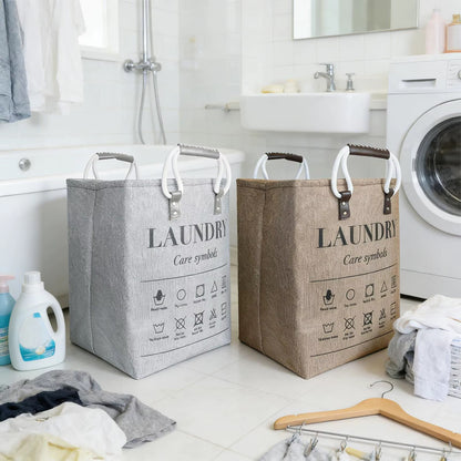 Collapsible large hamper laundry basket with leather handles - washable