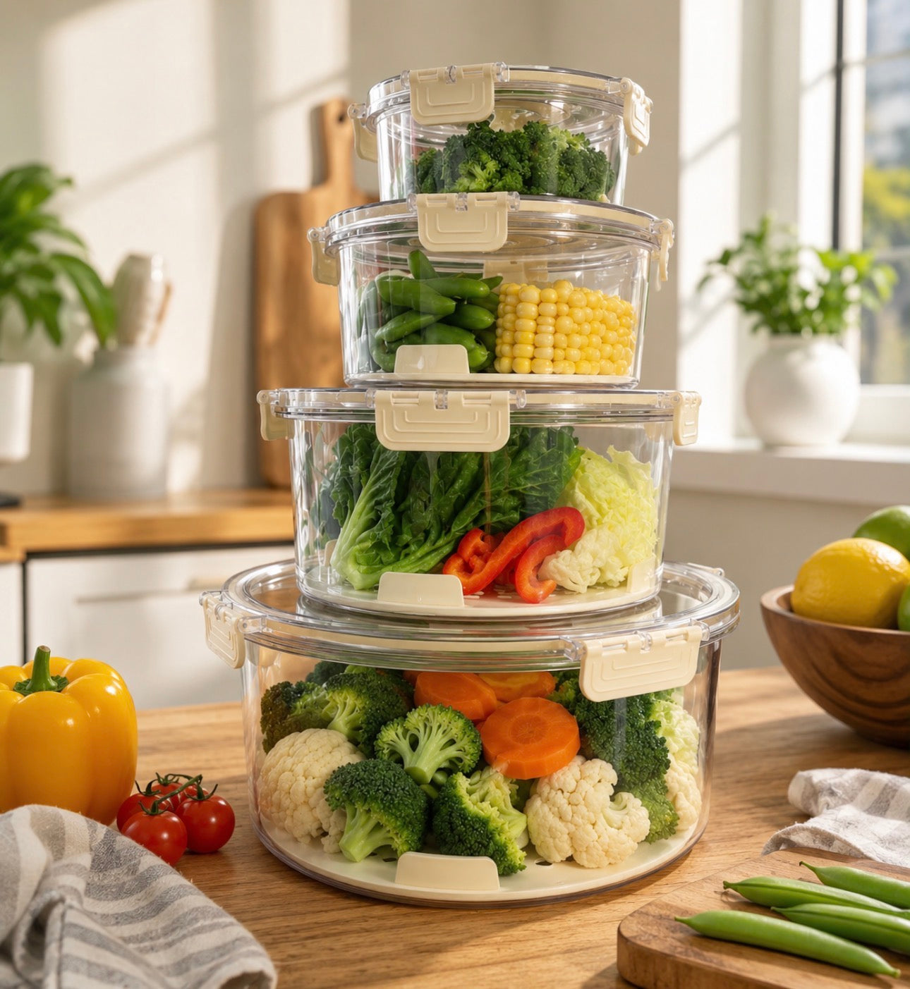 4 pcs circular Food grade eco-friendly moisture proof fridge/freezer  fresh storage large capacity containers