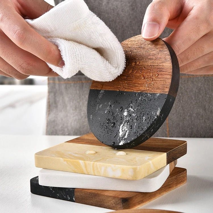 Premium Quality Heavy Marble Wood Splicing Coasters 6pcs