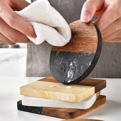 Premium Quality Heavy Marble Wood Splicing Coasters 6pcs