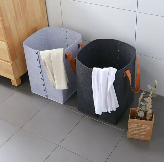 Foldable laundry basket with leather handles