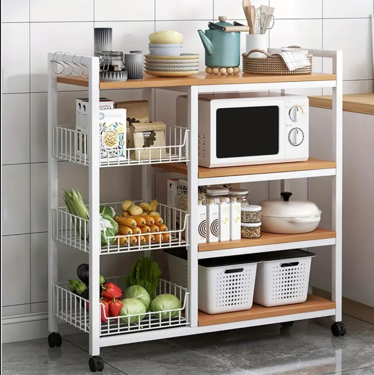 Multifunctional Strong metallic Kitchen rack with movable & lockable wheels