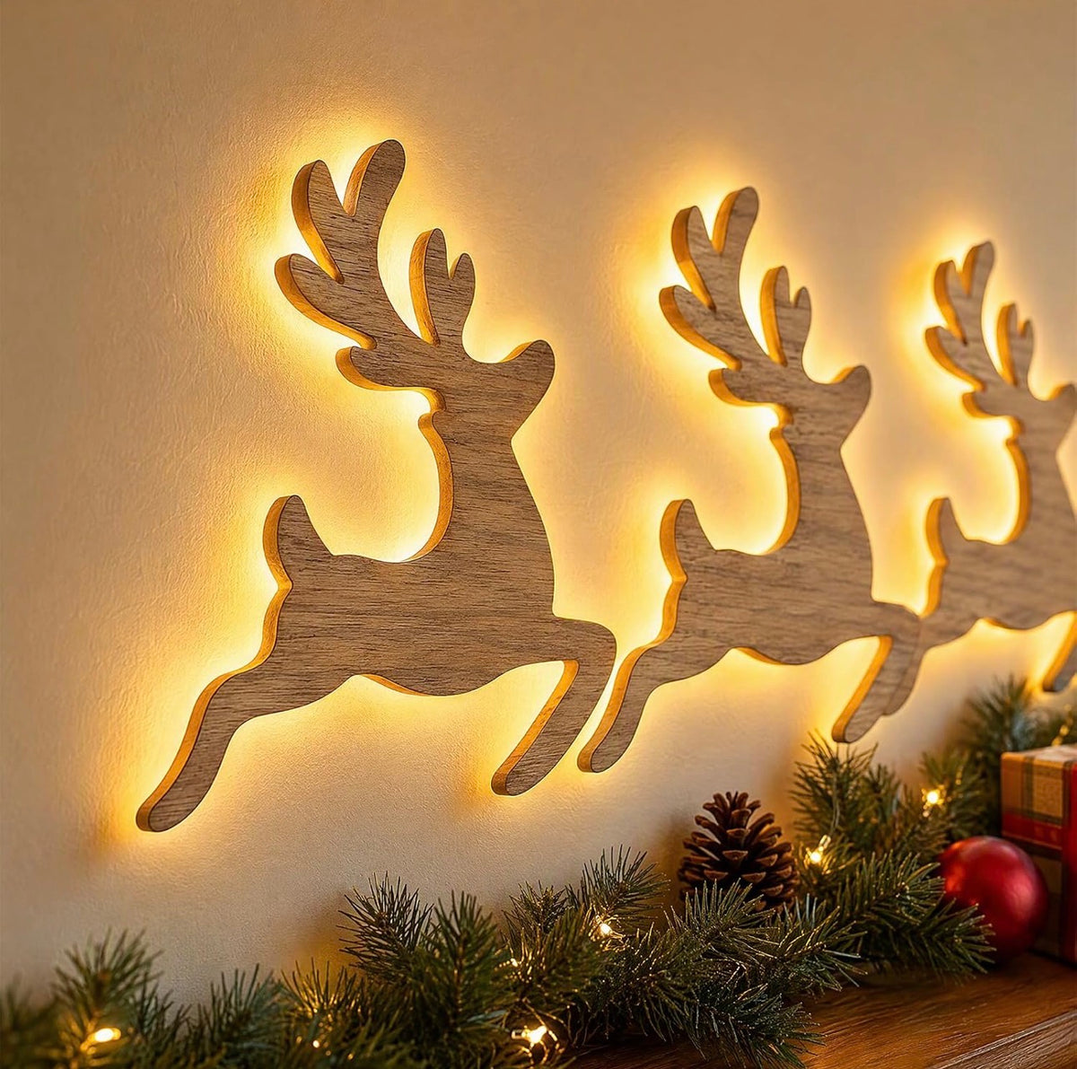 Set of 7 -3D Reindeer Glow Santa Christmas Wall Decoration with Lighting
