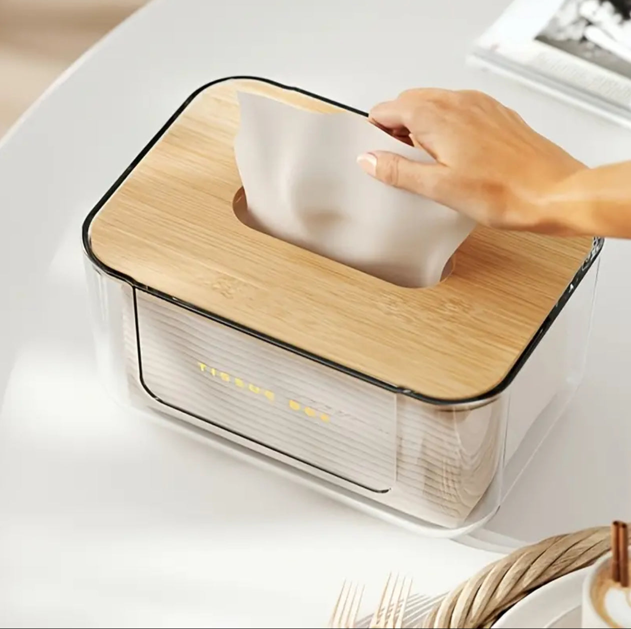 Transparent Tissue Box With Bamboo Cover