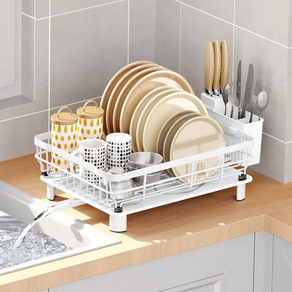 Minimalist countertop dish drying rack with a durable white-coated metal frame and removable utensil holder.