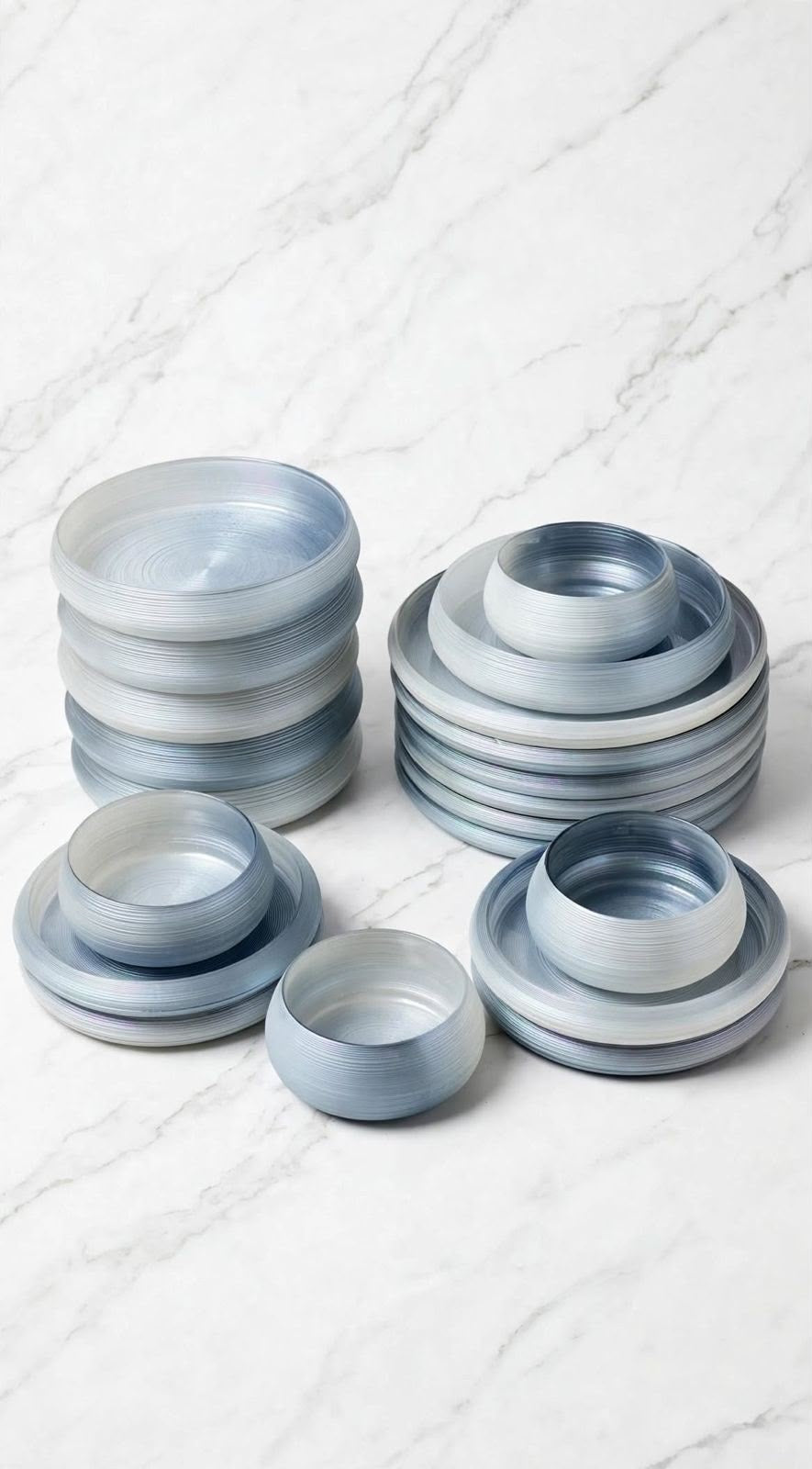 24Pcs Frosted Ribbed Glass Dinner Set in that viral pearlescent blue-grey.