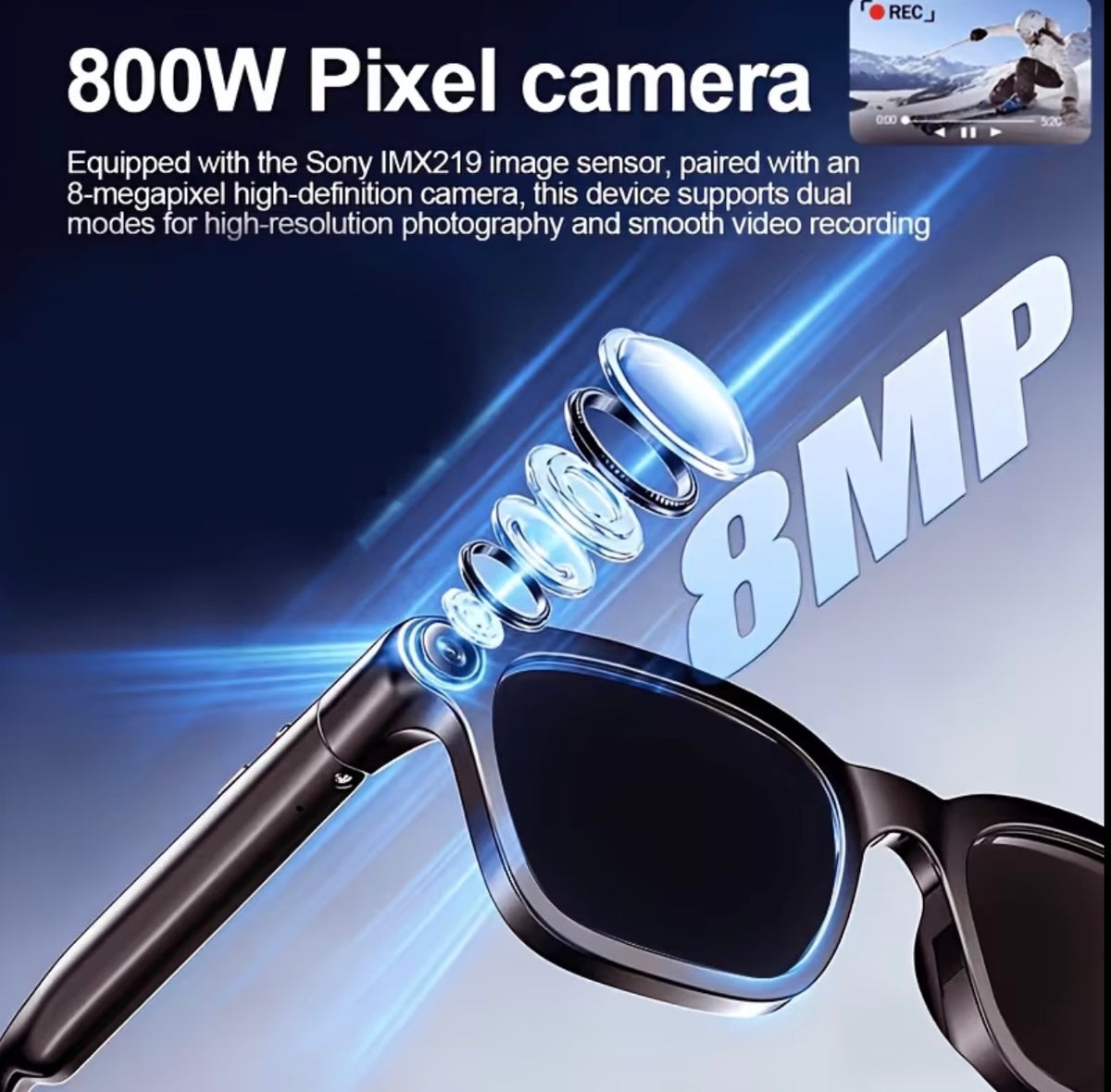 The XK One Pro-800W AI Smart Glasses, with an 8MP camera, Bluetooth connectivity, and real-time AI translation, and high quality video