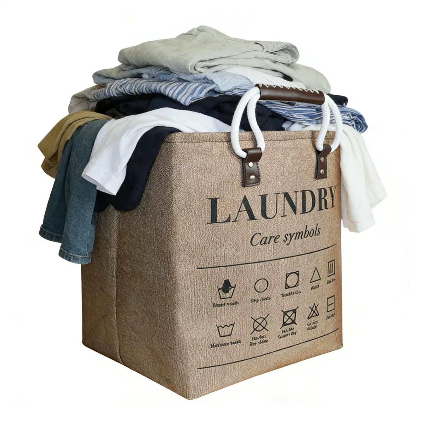 Collapsible large hamper laundry basket with leather handles - washable
