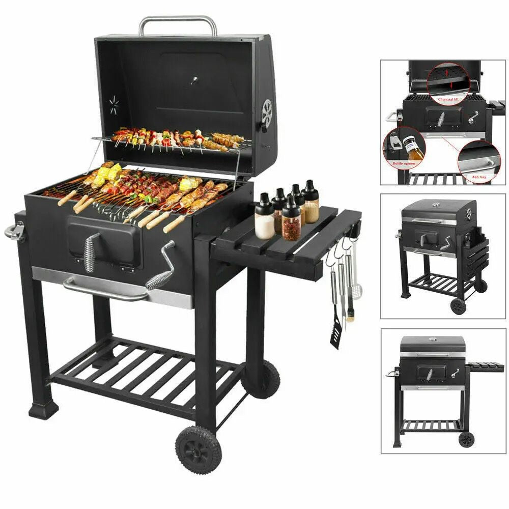 Outdoor Garden Barbecue Portable Grill Outdoor Large Charcoal Trolley Rectangular BBQ Grill