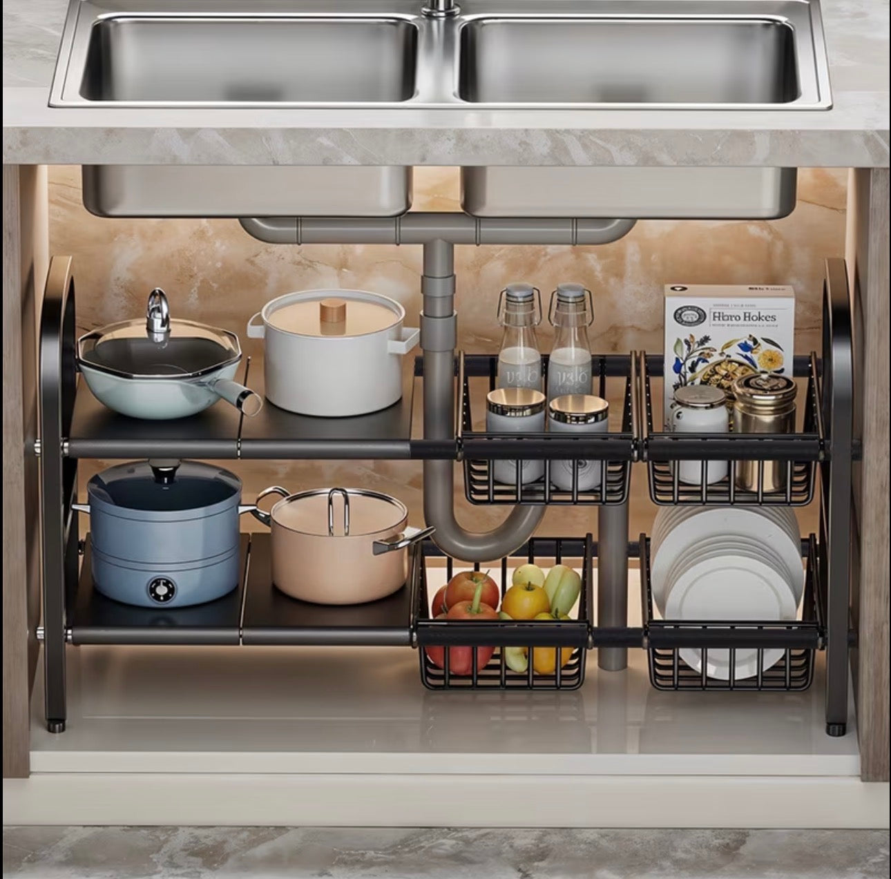 expandable under-sink organizer with 5 baskets