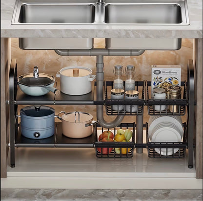 expandable under-sink organizer with 5 baskets