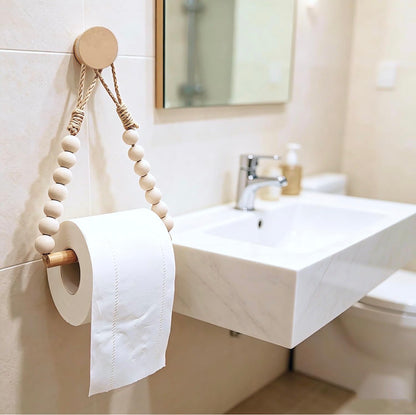 Boho-style toilet paper holder rustic wooden bead design with hemp rope