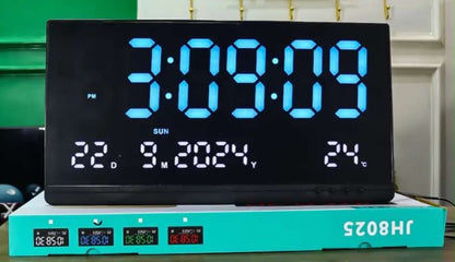 large LED digital wall clock (Model JH8025) with a calendar and temperature