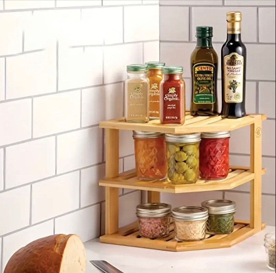 3 tier CORNER BAMBOO KITCHEN STORAGE SPICE RACK