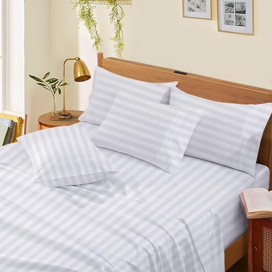 White striped fitted white bedsheets set