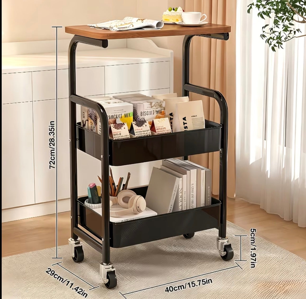 wooden top double mesh trays trolley rack