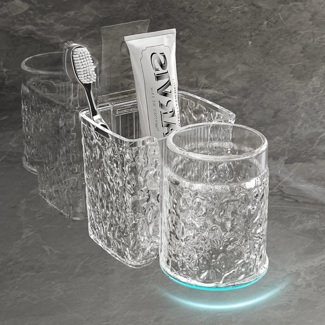 Acrylic toothbrush holders with gaggle cup.