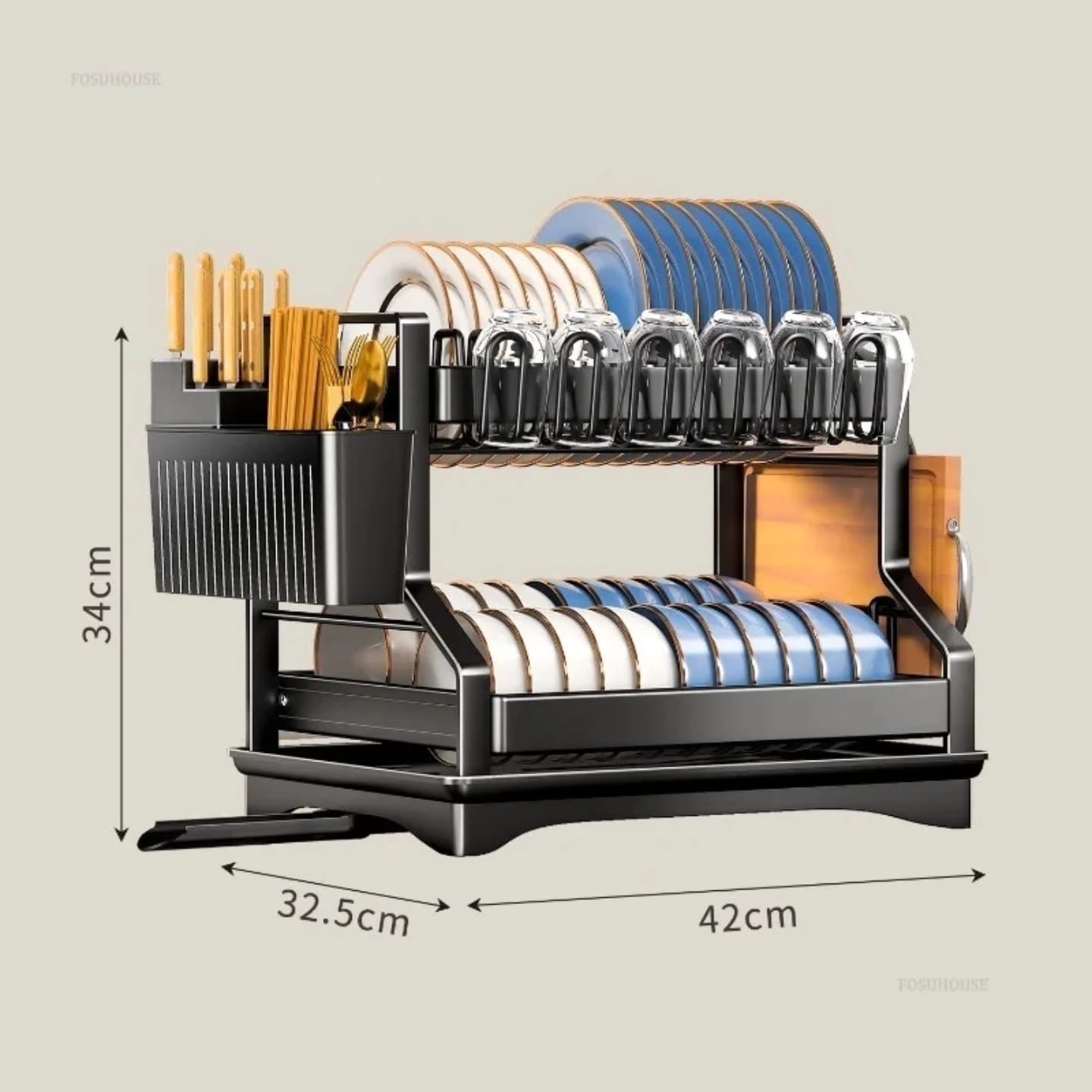 2-Tier Kitchen Dish Rack with drain tray