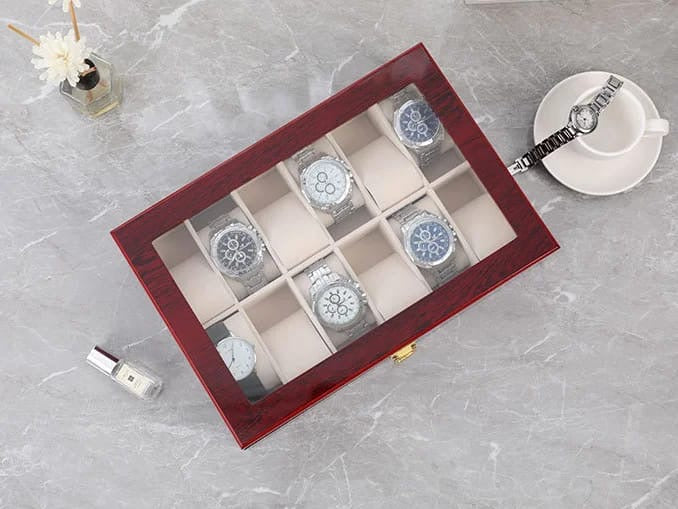 High quality luxurious wooden watch organizer with glass top..
12 slot