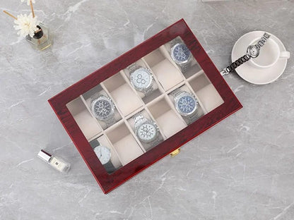 High quality luxurious wooden watch organizer with glass top..
12 slot