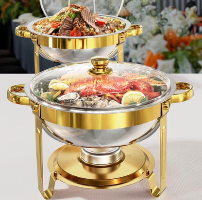 6L Elegant Round Stainless Steel Chafing Dish with Golden Accents