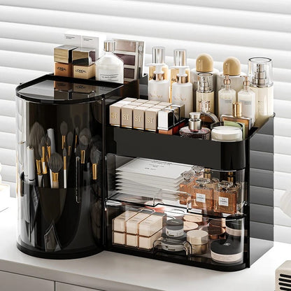 Cosmetic organizer rack with tray and rotating holder.