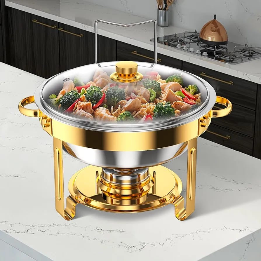 6L Elegant Round Stainless Steel Chafing Dish with Golden Accents