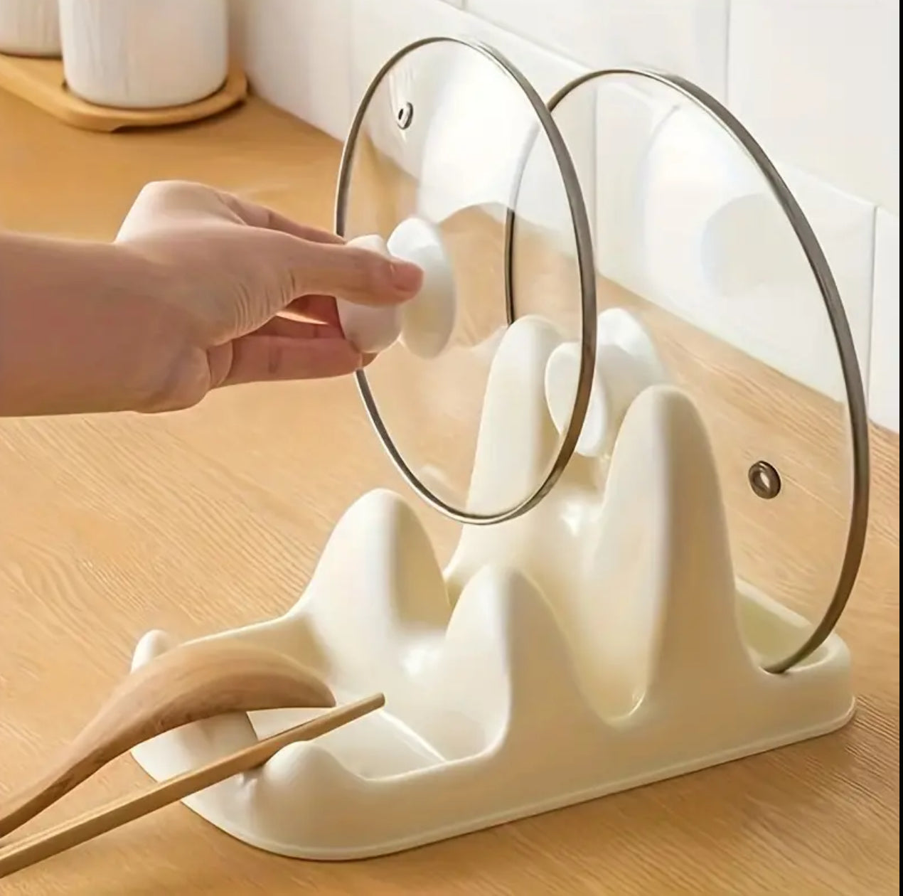 Multifunctional kitchen counter top pot lid and serving spoon holder/rack