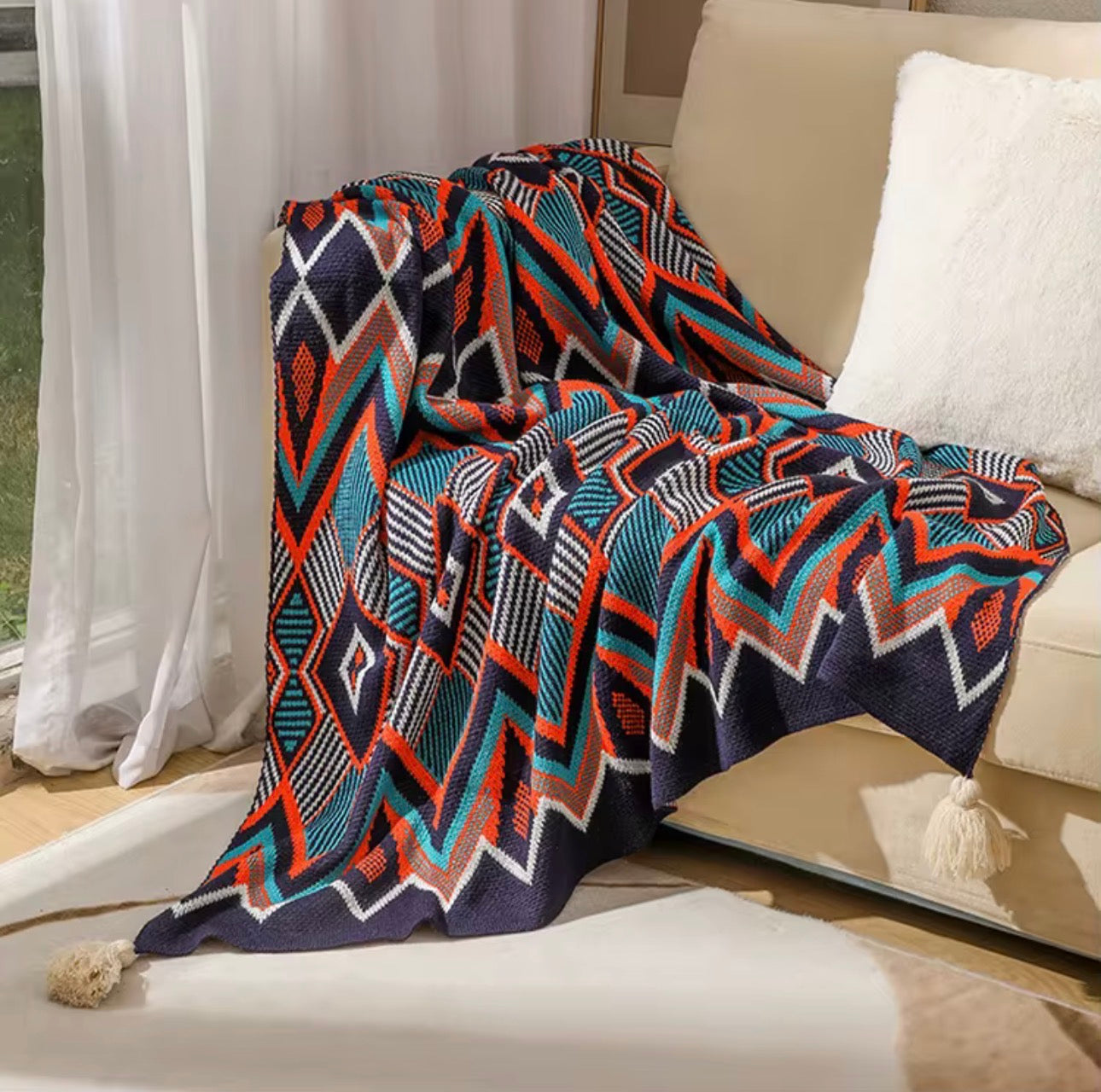 Nordic Bohemian knitted throw blankets with tassels