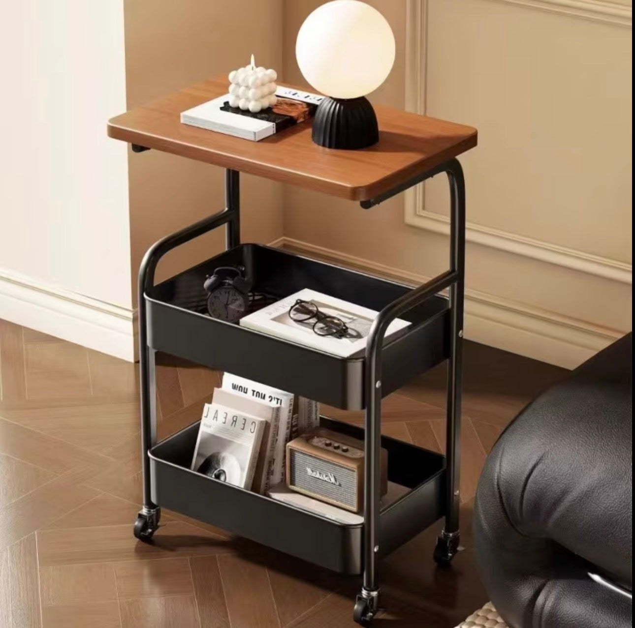 wooden top double mesh trays trolley rack