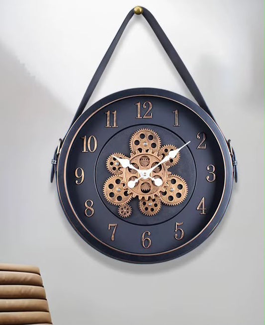 Vintage 3D Rotating Moving Gear Wall Clock, vintage industrial design with exposed gears and a decorative hanging strap