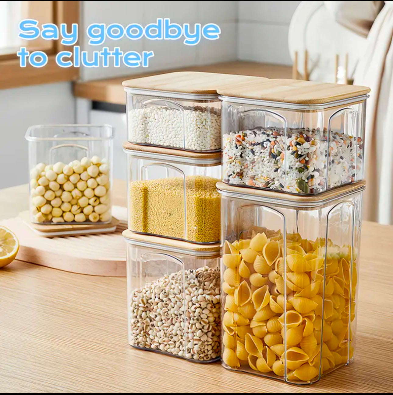 8pcs Airtight Transparent Acrylic Cereal Food/Pantry Storage Containers with bamboo lid