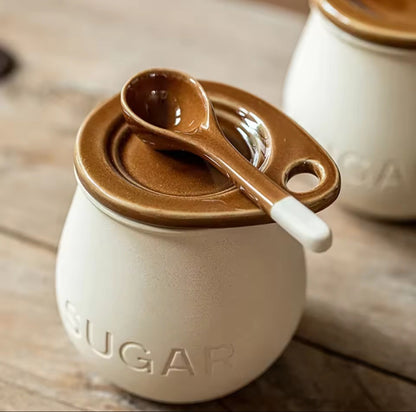Vintage Ceramic Sugar Jar with Lid and spoon
