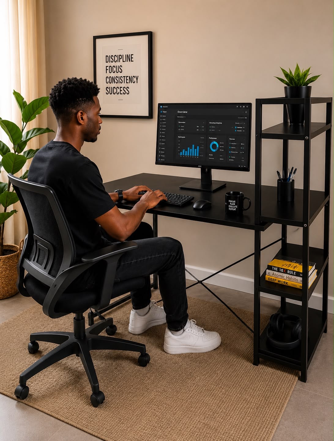 Large Modern Ergonomic Desk / Workstation with Shelves