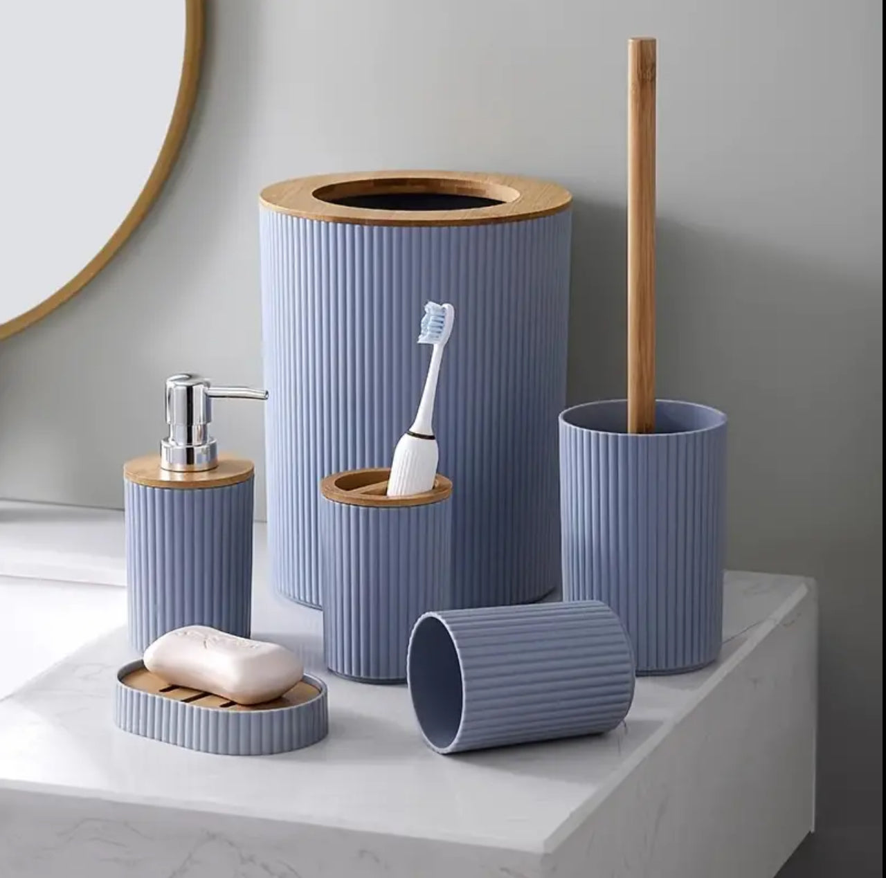 6 in 1 bathroom accessories set with wooden