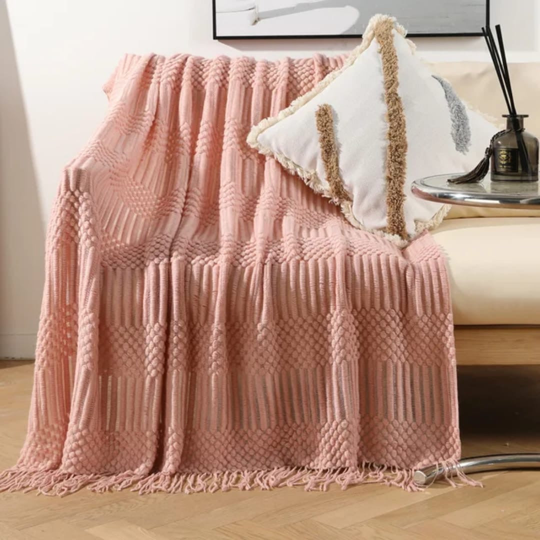 knited throw blanket 
with tassels