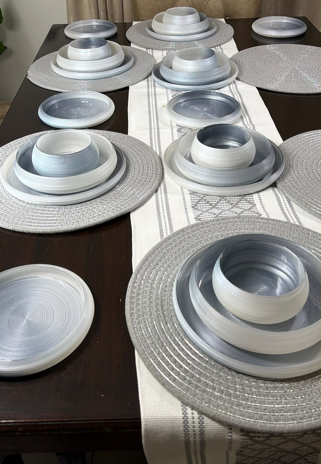 24Pcs Frosted Ribbed Glass Dinner Set in that viral pearlescent blue-grey.