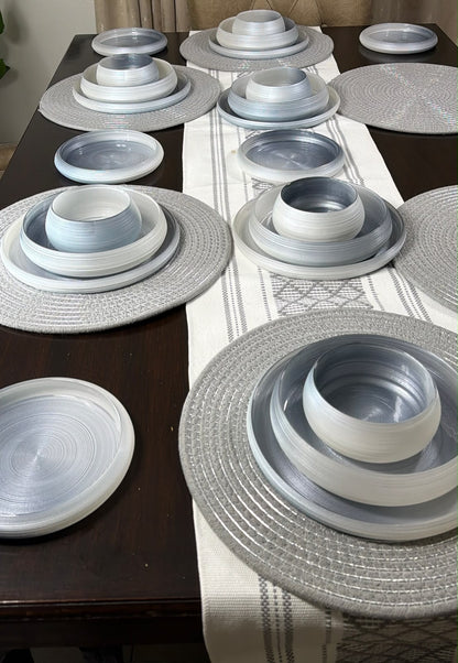 24Pcs Frosted Ribbed Glass Dinner Set in that viral pearlescent blue-grey.