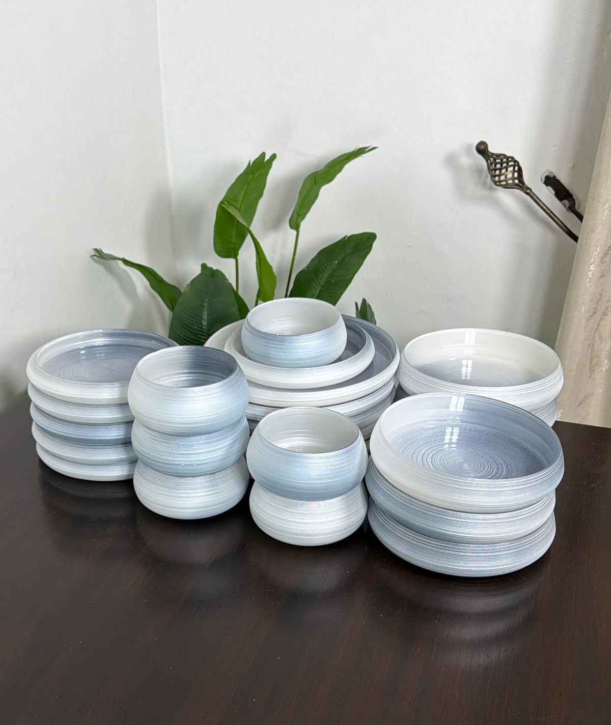 24Pcs Frosted Ribbed Glass Dinner Set in that viral pearlescent blue-grey.