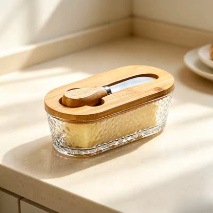 Glass butter dish with bamboo lid and spread knife