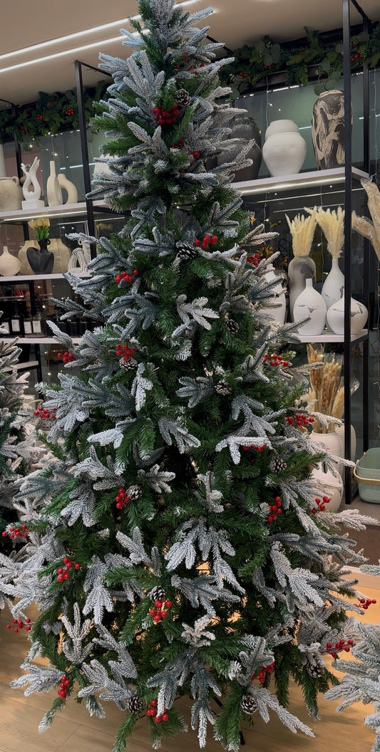 PREMIUM PINE SNOW FLOCKED TREE WITH CONE & BERRIES