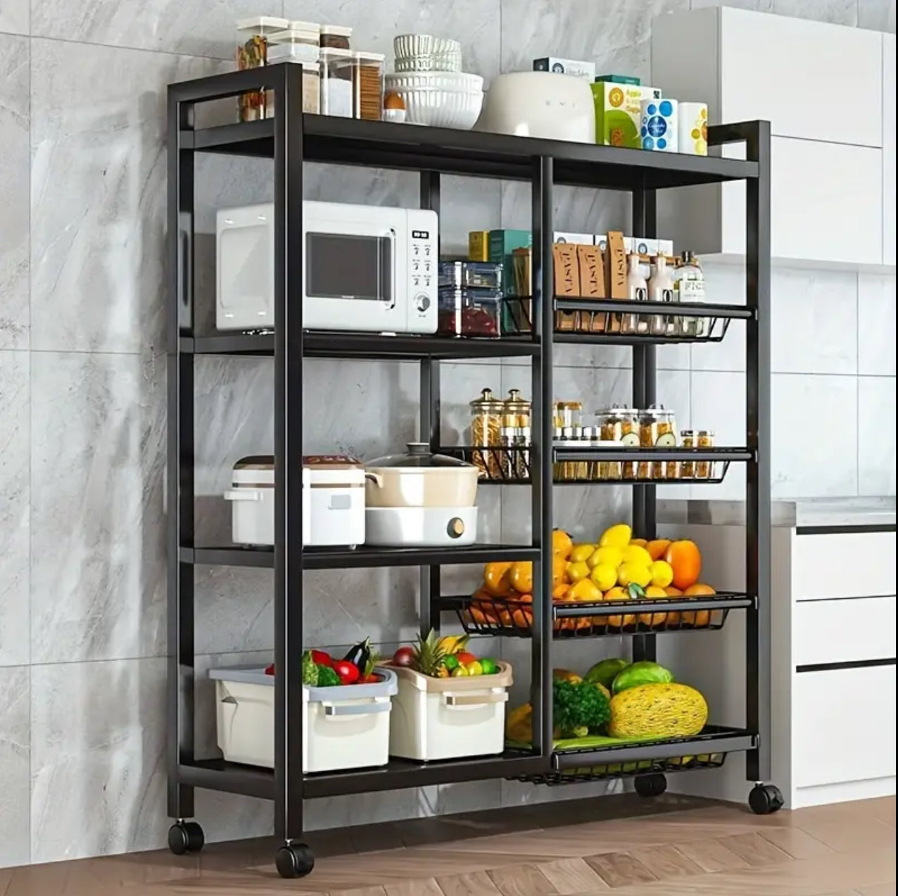 Multifunctional Strong metallic Kitchen rack with movable & lockable wheels