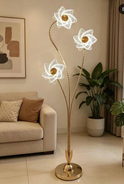 modern flower themed floor lamp with three   heads with light-filtering acrylic petals