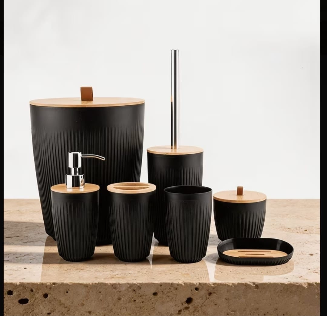 7 in 1 bathroom accessories set with wooden top