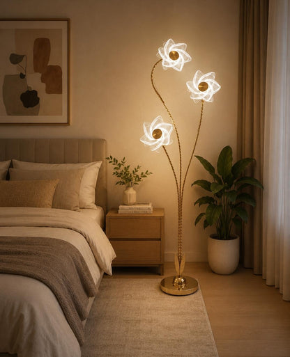 modern flower themed floor lamp with three   heads with light-filtering acrylic petals