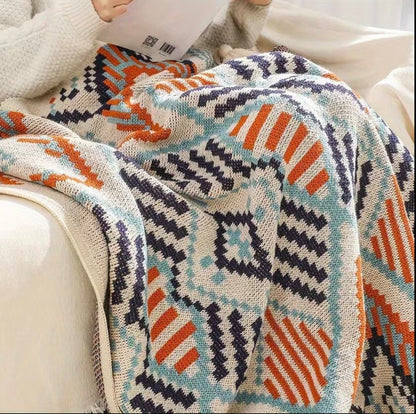 MODERN COZY GEOMETRIC NORDIC BOHEMIAN KNITTED THROW BLANKETS WITH TASSELS